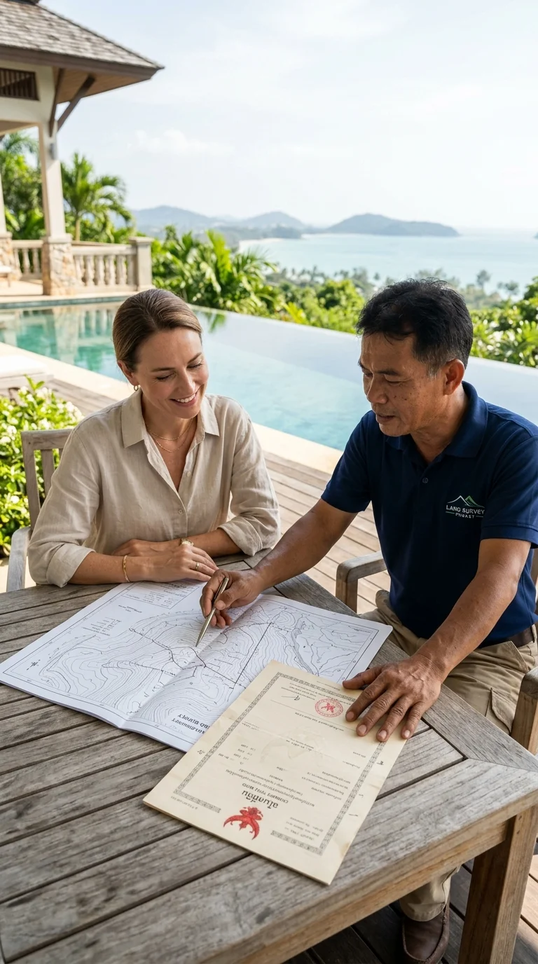 A buyer and a local surveyor reviewing land documents A buyer and a local surveyor reviewing land documents