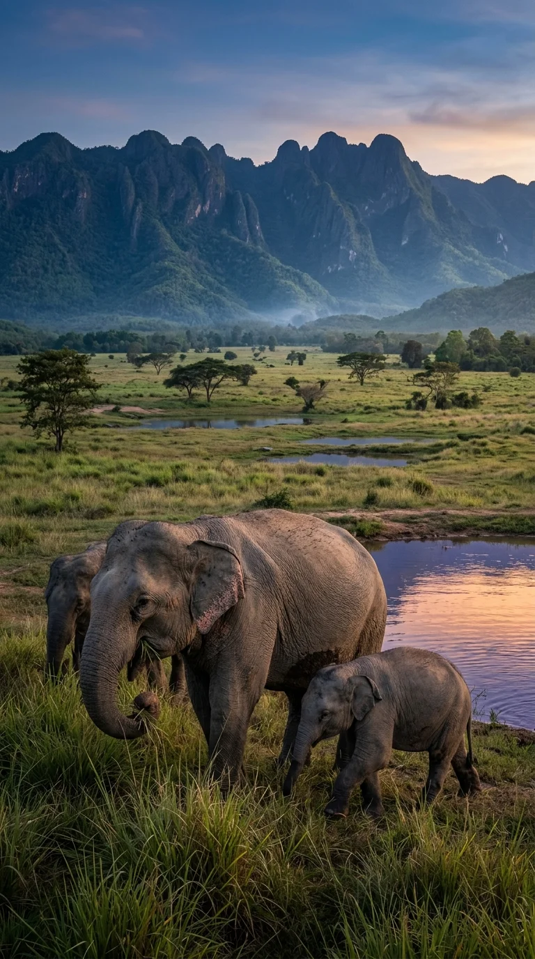 Small herd of wild Asian elephants (Elephas maximus)