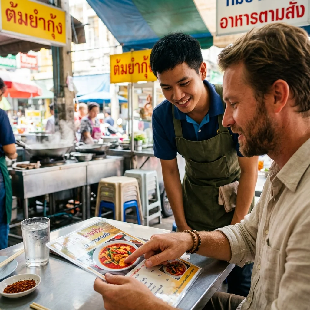 a foreign tourist and a local Thai waiter a foreign tourist and a local Thai waiter