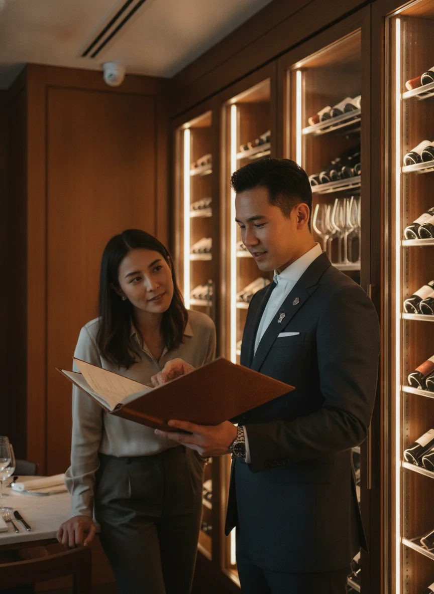 a sommelier standing by the glass-fronted wine storage at Le Du Bangkok, consulting a wine list with a guest