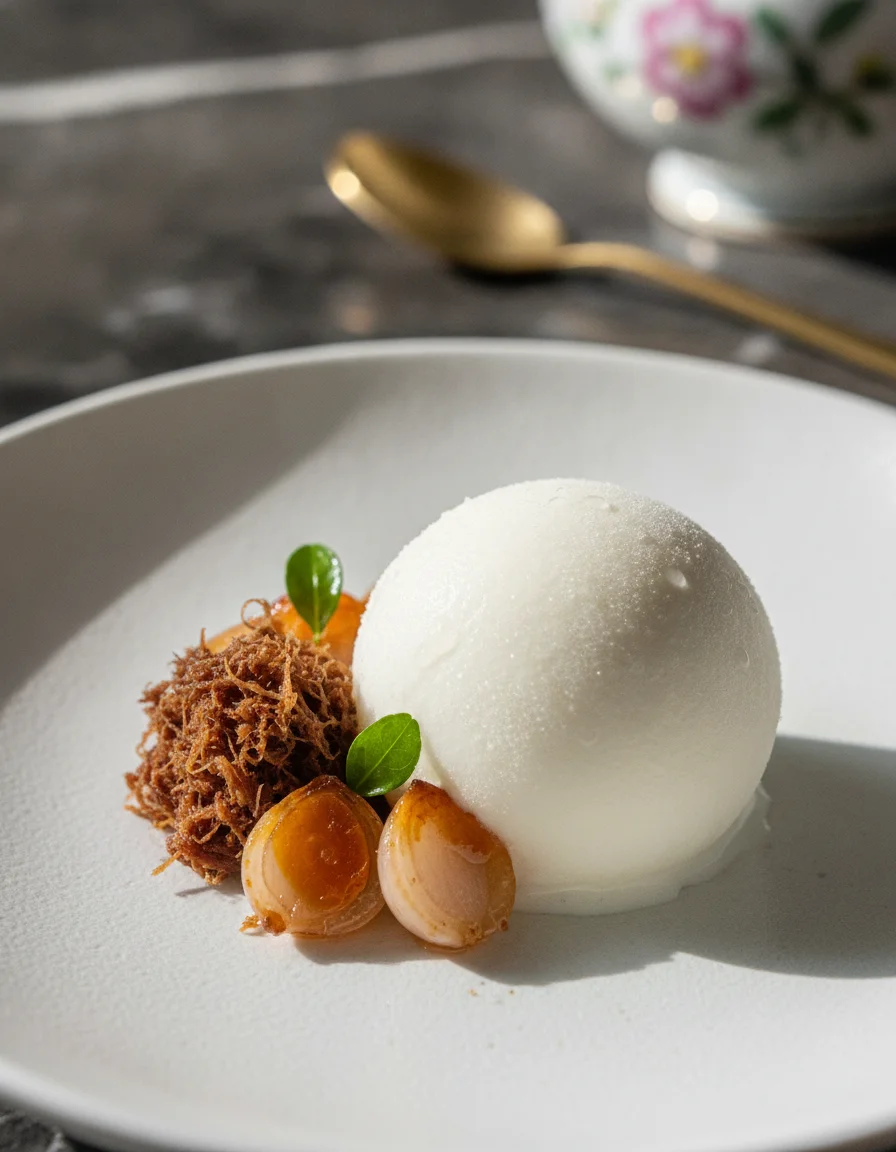 a detail shot of the intricate khao chae ice cream dish at Le Du Bangkok, showing the delicate textures of the jasmine rice ice cream and the finely shredded savoury accompaniments
