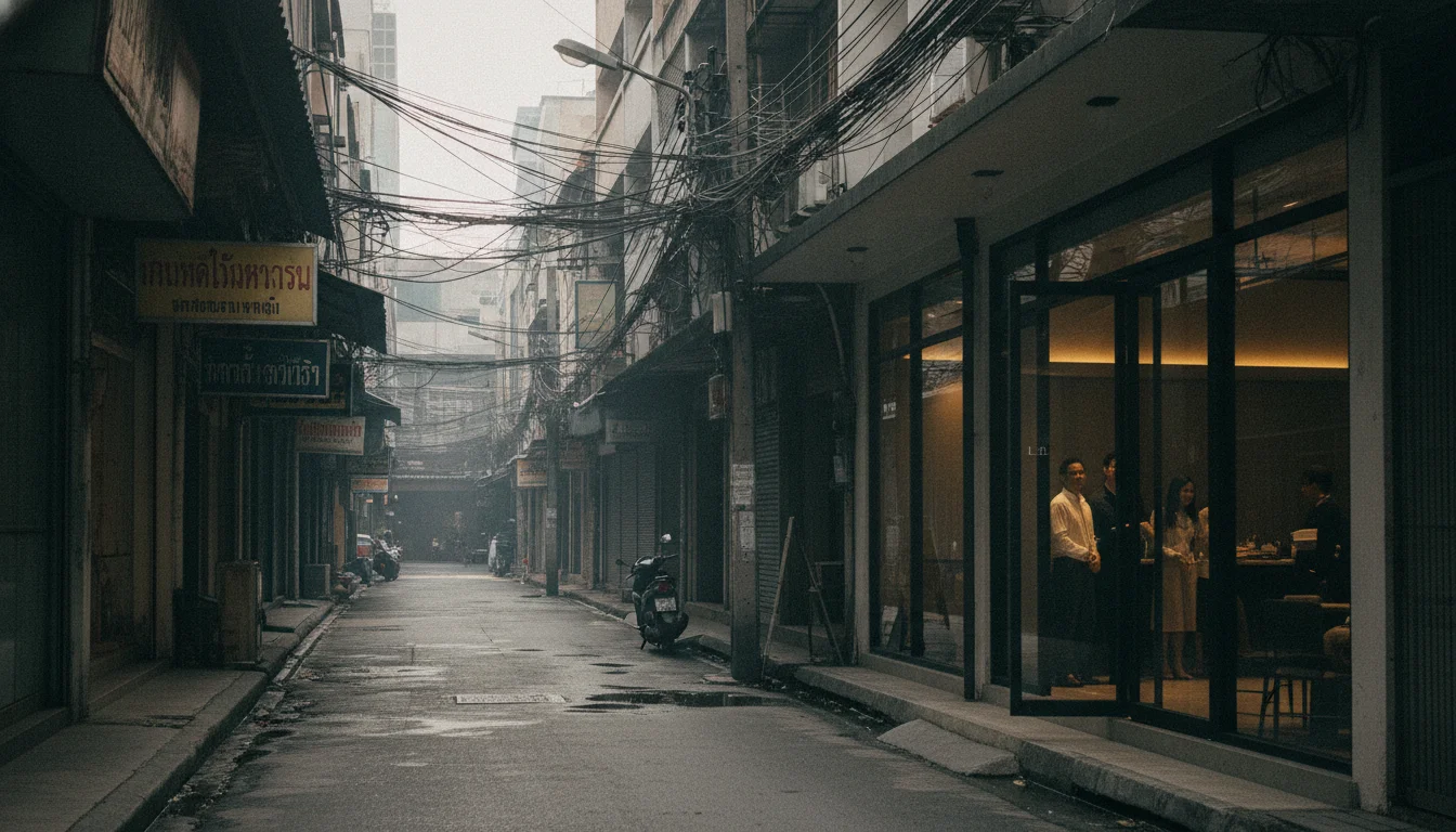 the entrance to the narrow alleyway (soi) leading to Le Du Bangkok, showing the typical urban Bangkok street scene with overhead wires and local shops just steps away from the restaurant's modern doors
