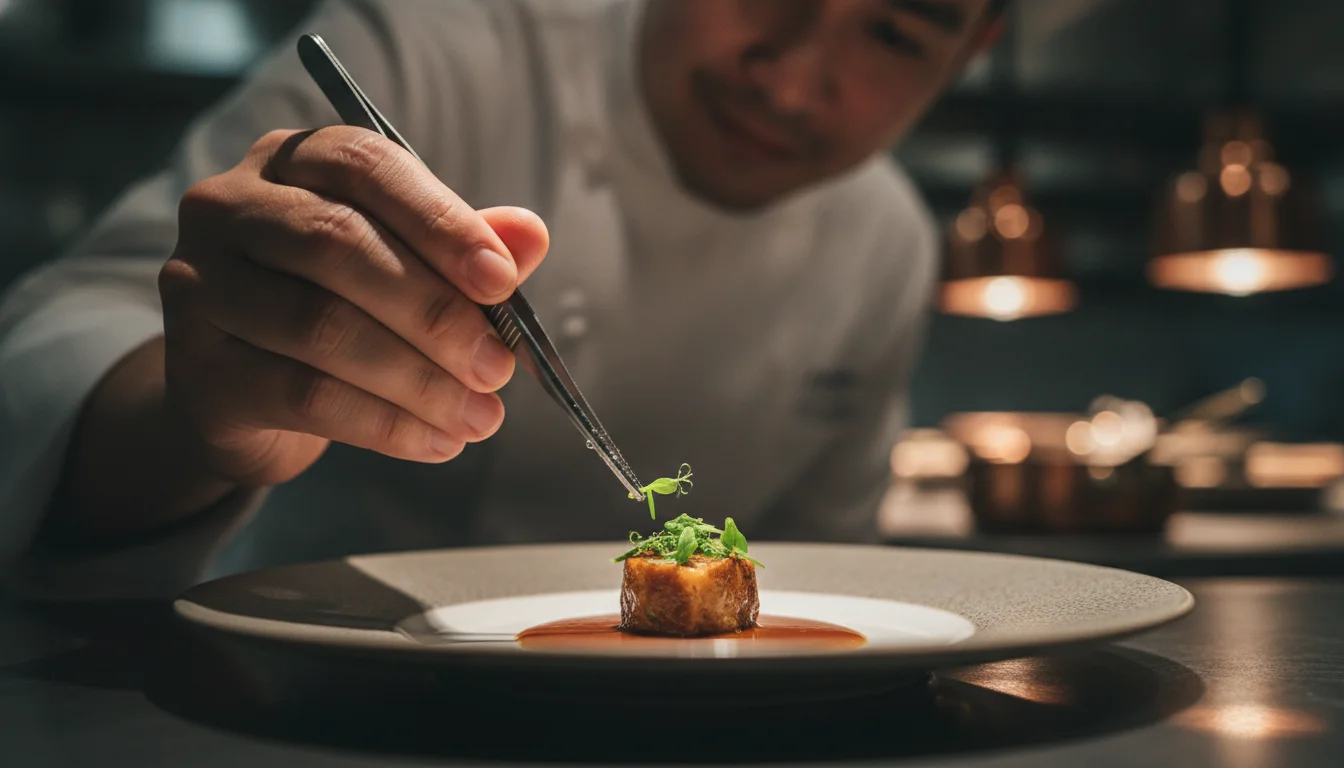 an atmospheric shot of a chef in the Le Du kitchen meticulously using tweezers to place a micro-herb on a dish, highlighting the precision and French-influenced technique used in the restaurant