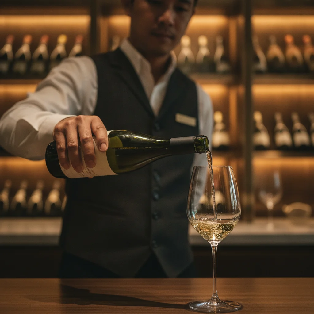 a close-up of a sommelier at Le Du Bangkok pouring a glass of crisp white wine from a curated European bottle into a high-end crystal glass, with the restaurant's glass-enclosed wine cellar visible in the background