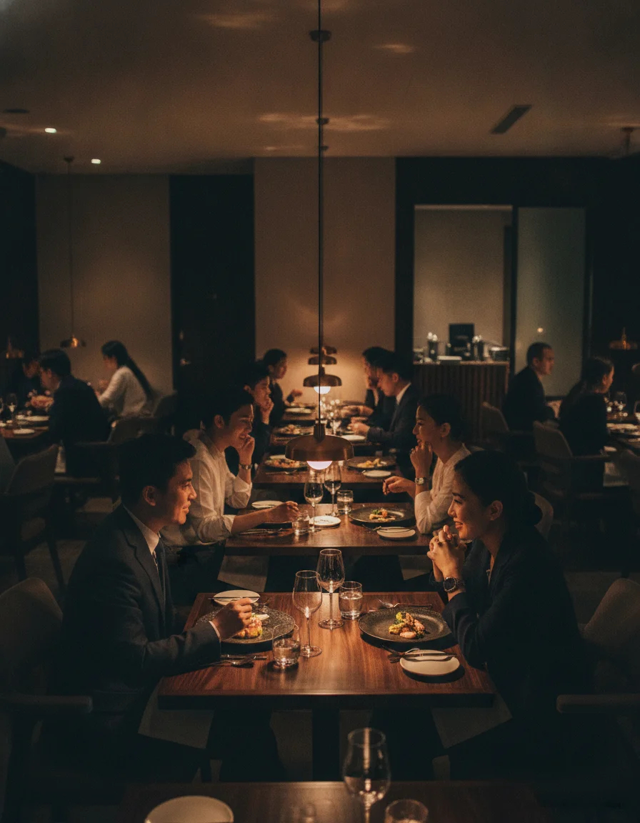 an interior shot of the Le Du dining room showing the dark wood tables, low-hanging pendant lights, and the intimate proximity between diners in the main seating area — the mood is sophisticated but the space is compact