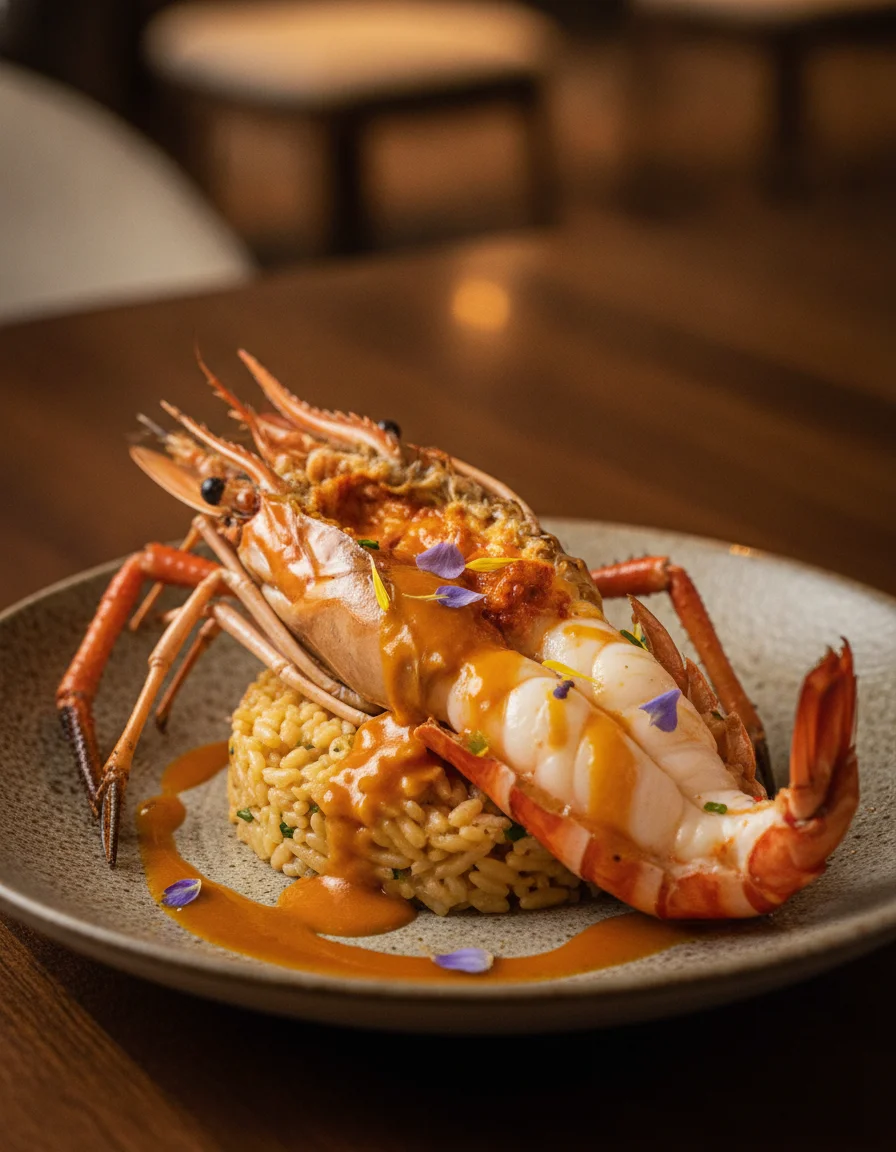 a beautifully plated signature dish at Le Du Bangkok featuring a large, succulent river prawn placed over a bed of risotto-style rice, garnished with delicate edible flowers and a rich, orange-hued sauce