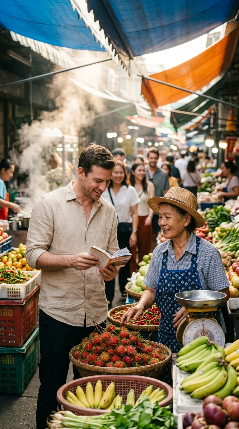 Western expat and a local Thai market vendor Western expat and a local Thai market vendor