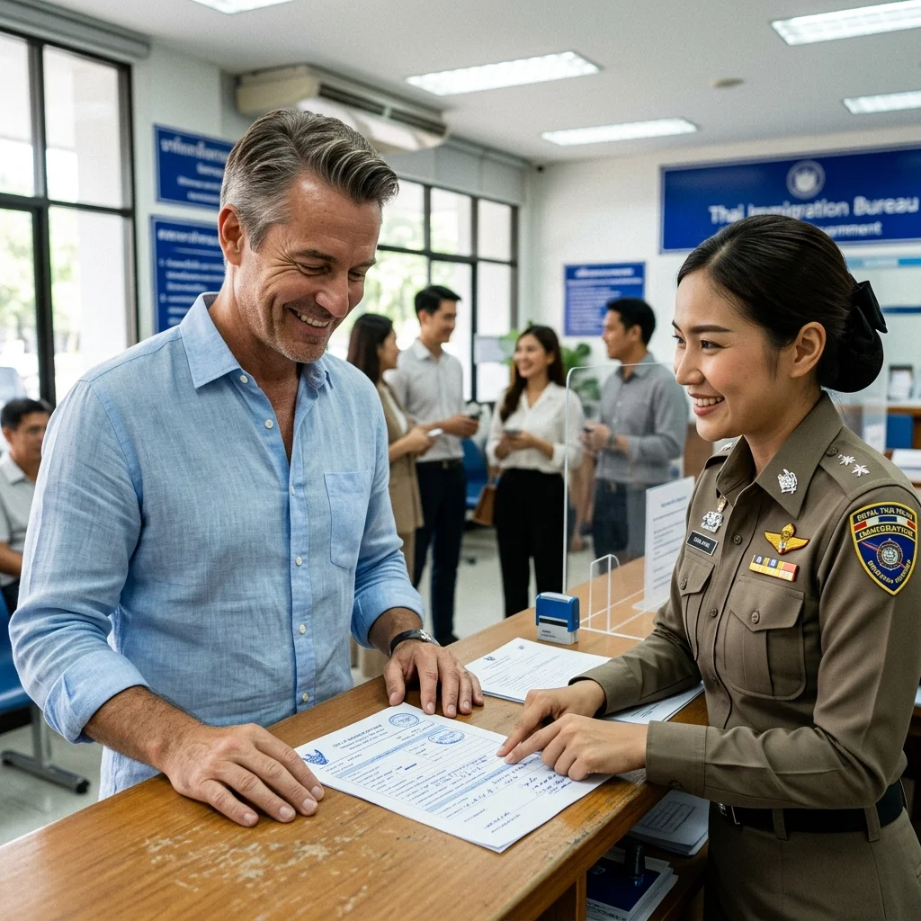 middle-aged expat and Thai immigration officer middle-aged expat and Thai immigration officer