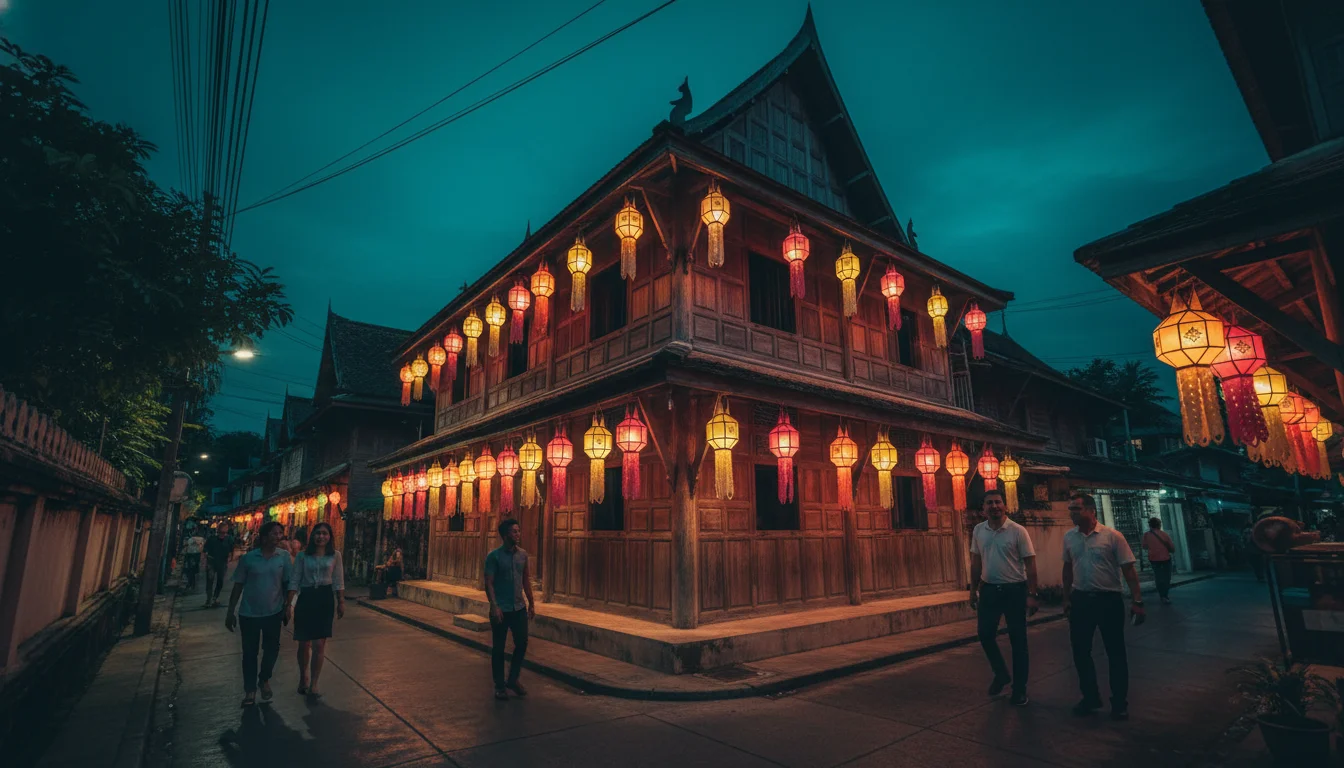 a practical or atmospheric scene at or near Loi Krathong Yee Peng — a quiet side street in Chiang Mai decorated with colourful hanging paper lanterns (khom fai) outside a wooden house