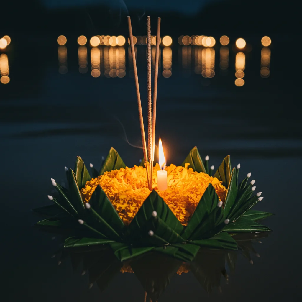 a detail shot of a standout feature, room, facility, or experience at Loi Krathong Yee Peng — a close-up of a traditional banana leaf krathong, showing the intricate folding patterns, yellow marigolds, and three incense sticks
