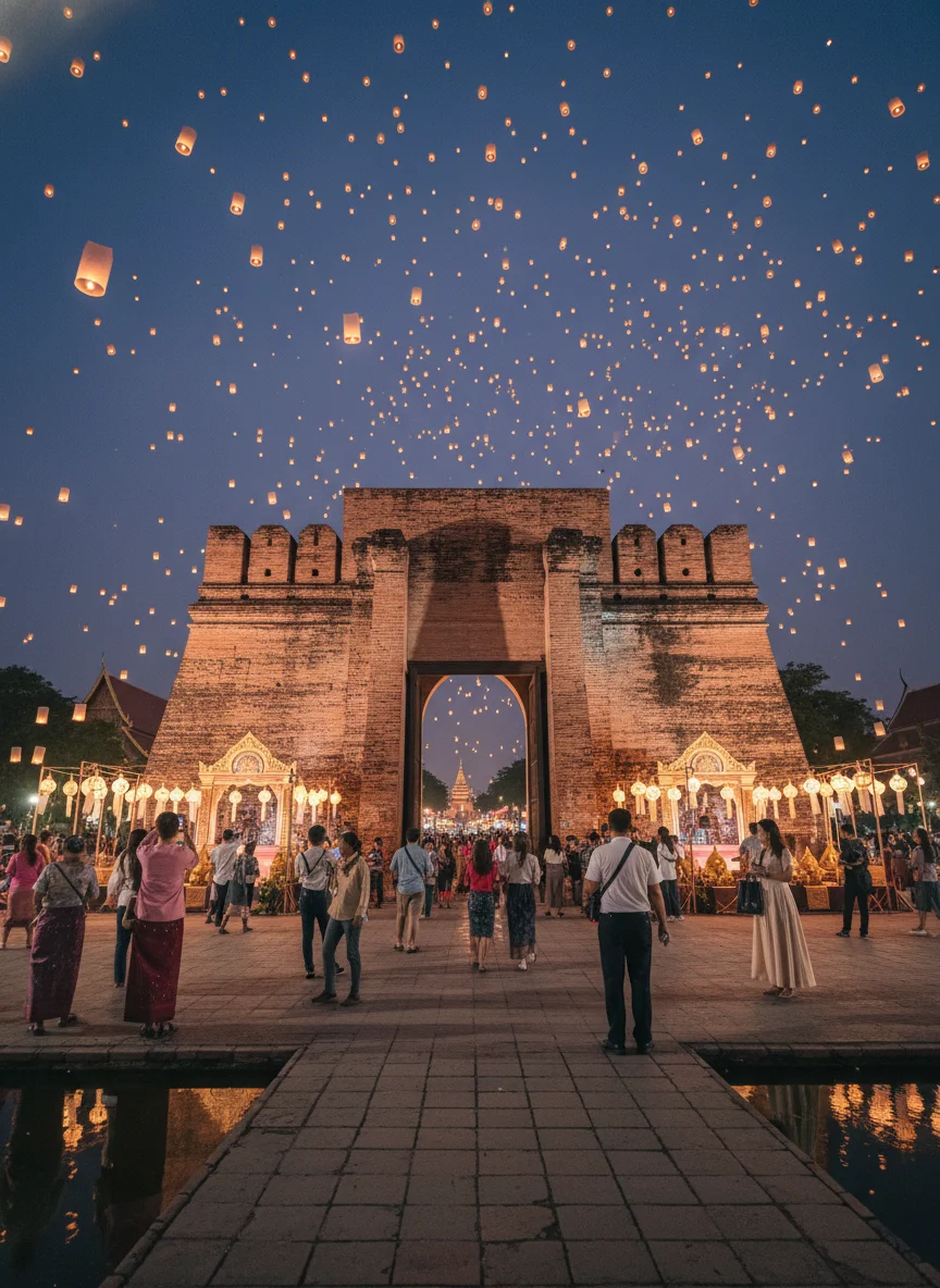 the approach, entrance, or surrounding area of Loi Krathong Yee Peng — the red brick walls of Tha Phae Gate in Chiang Mai, showing the wide stone plaza where festival stages are erected and the entrance to the Old City