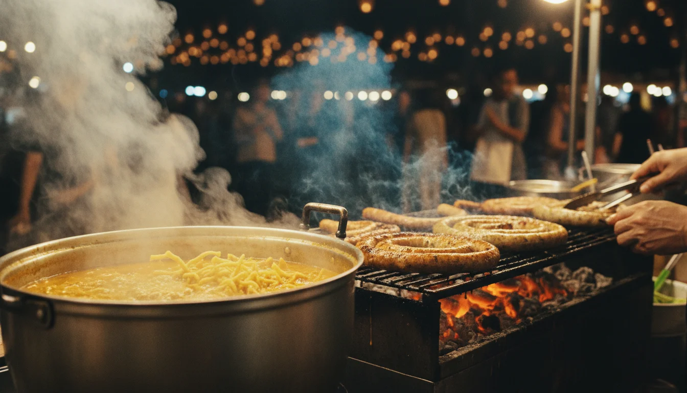 atmospheric shot showing the best feature or experience at Loi Krathong Yee Peng — a street food stall in Chiang Mai during the festival, showing a large steaming pot of Khao Soi noodles and coils of Sai Oua herb sausage being grilled over charcoal with smoke rising into the night air