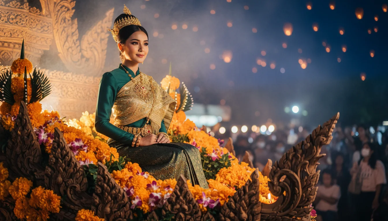 an interior or experiential shot showing the reality of this section's subject at Loi Krathong Yee Peng — a close-up of a massive, illuminated flower float during the Grand Krathong Parade, featuring intricate wood carvings and a beauty queen dressed in traditional Lanna silk seated at the centre of the float