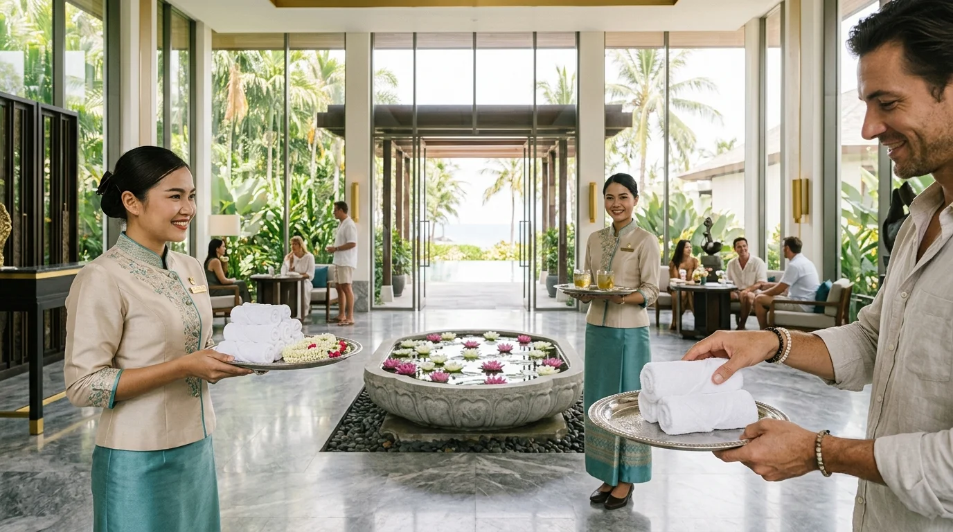 Thai resort attendants greeting guests Thai resort attendants greeting guests