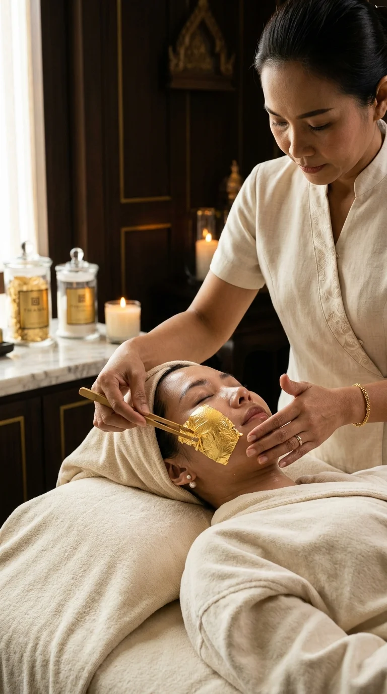 Spa therapist applying gold leaf to a guest Spa therapist applying gold leaf to a guest