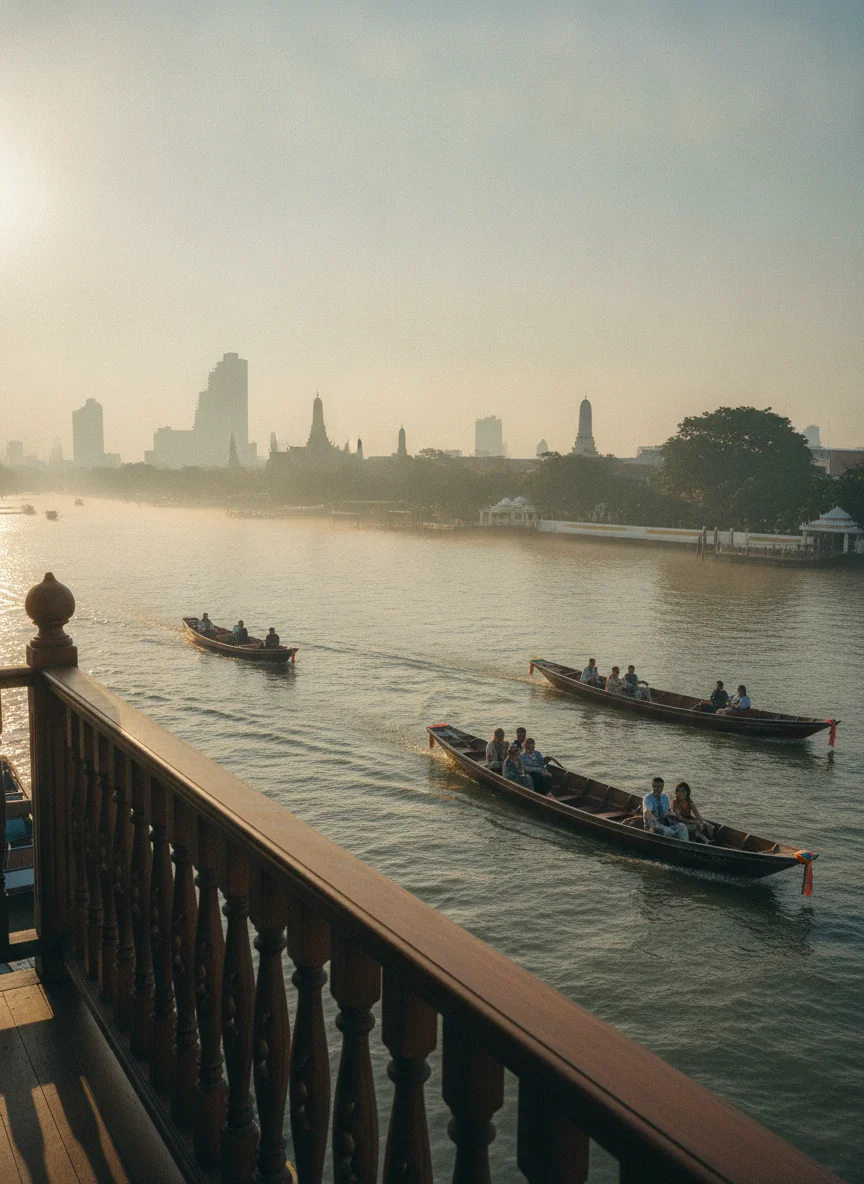 a practical or atmospheric scene at or near Mandarin Oriental Bangkok — showing the early morning view of the Chao Phraya River from a balcony with traditional longtail boats starting their day