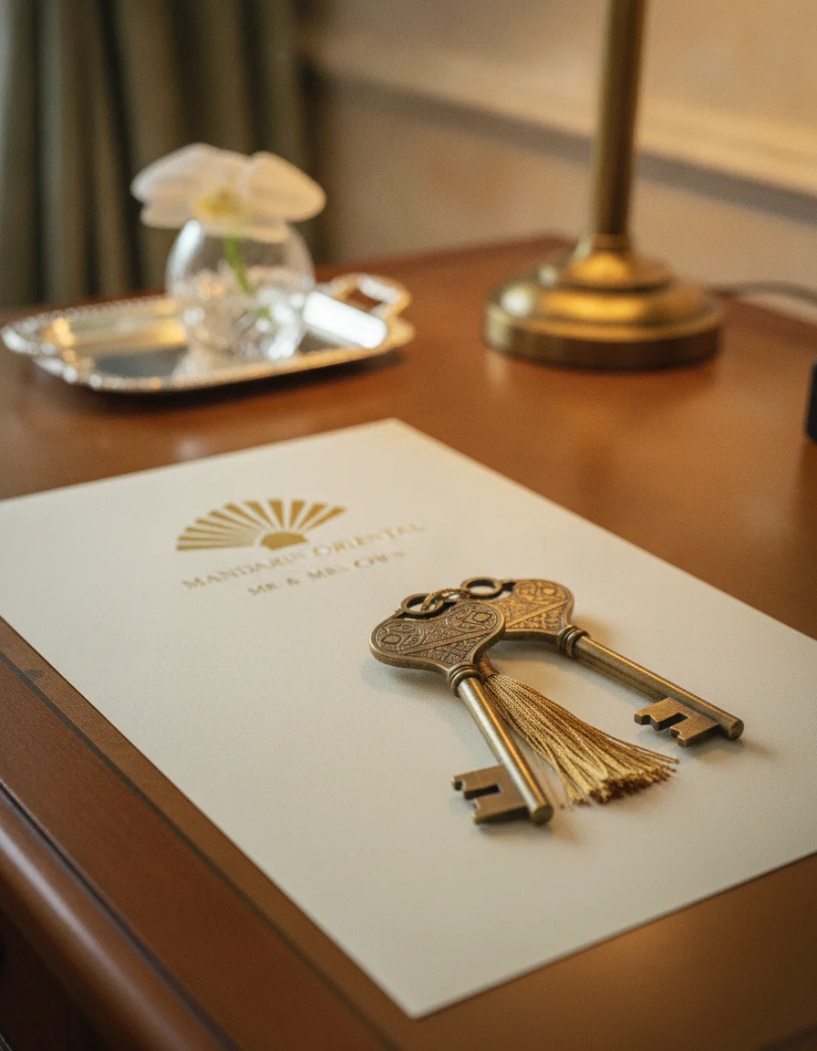 a detail shot of a standout feature, room, facility, or experience at Mandarin Oriental Bangkok — showing the elegant gold-tasseled room keys and the personalised stationery provided by the private butler service