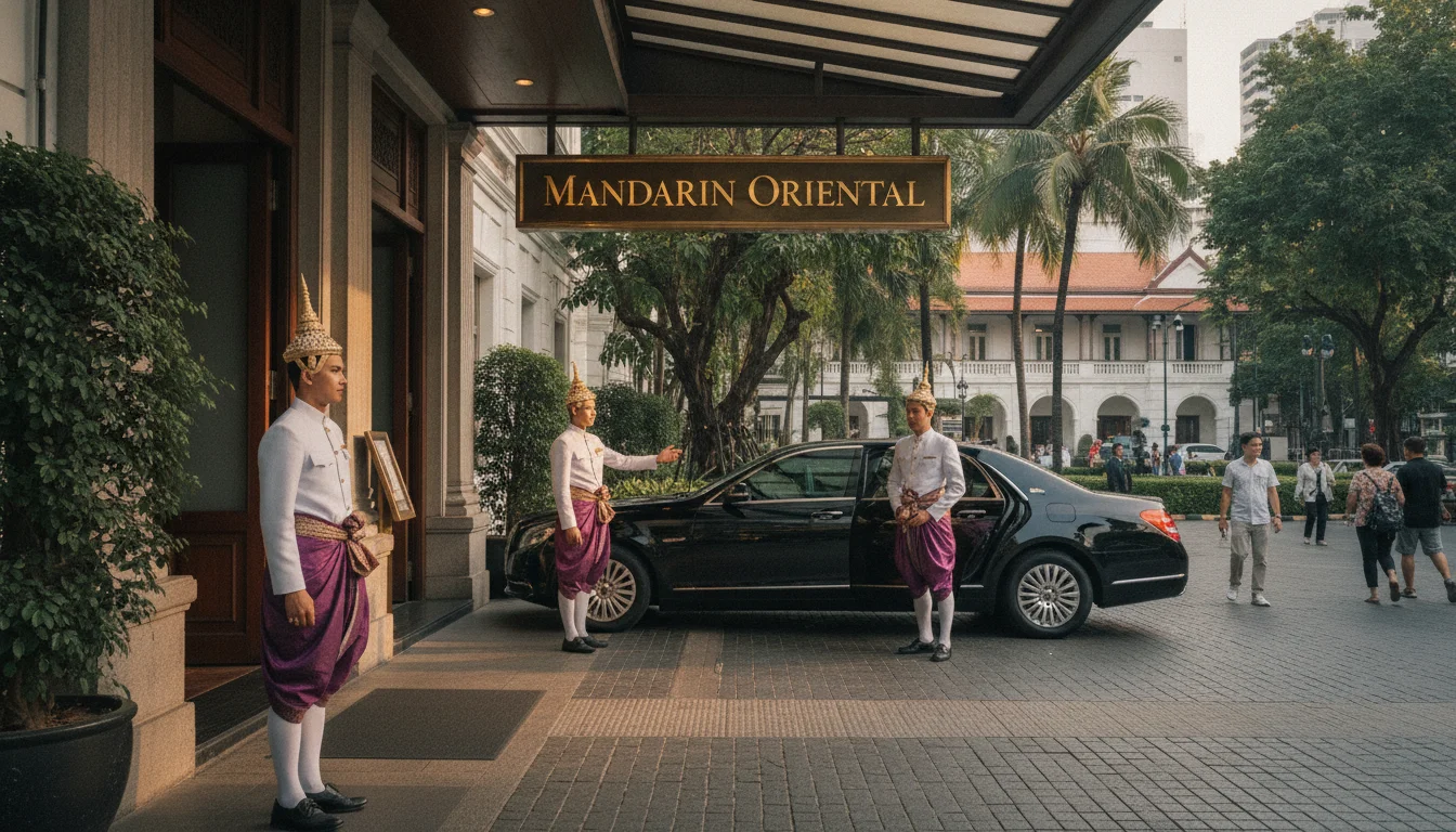 the approach, entrance, or surrounding area of Mandarin Oriental Bangkok — showing the driveway entrance on Charoen Krung Road with doormen in traditional Thai costumes and the classic gold-lettered sign of the hotel