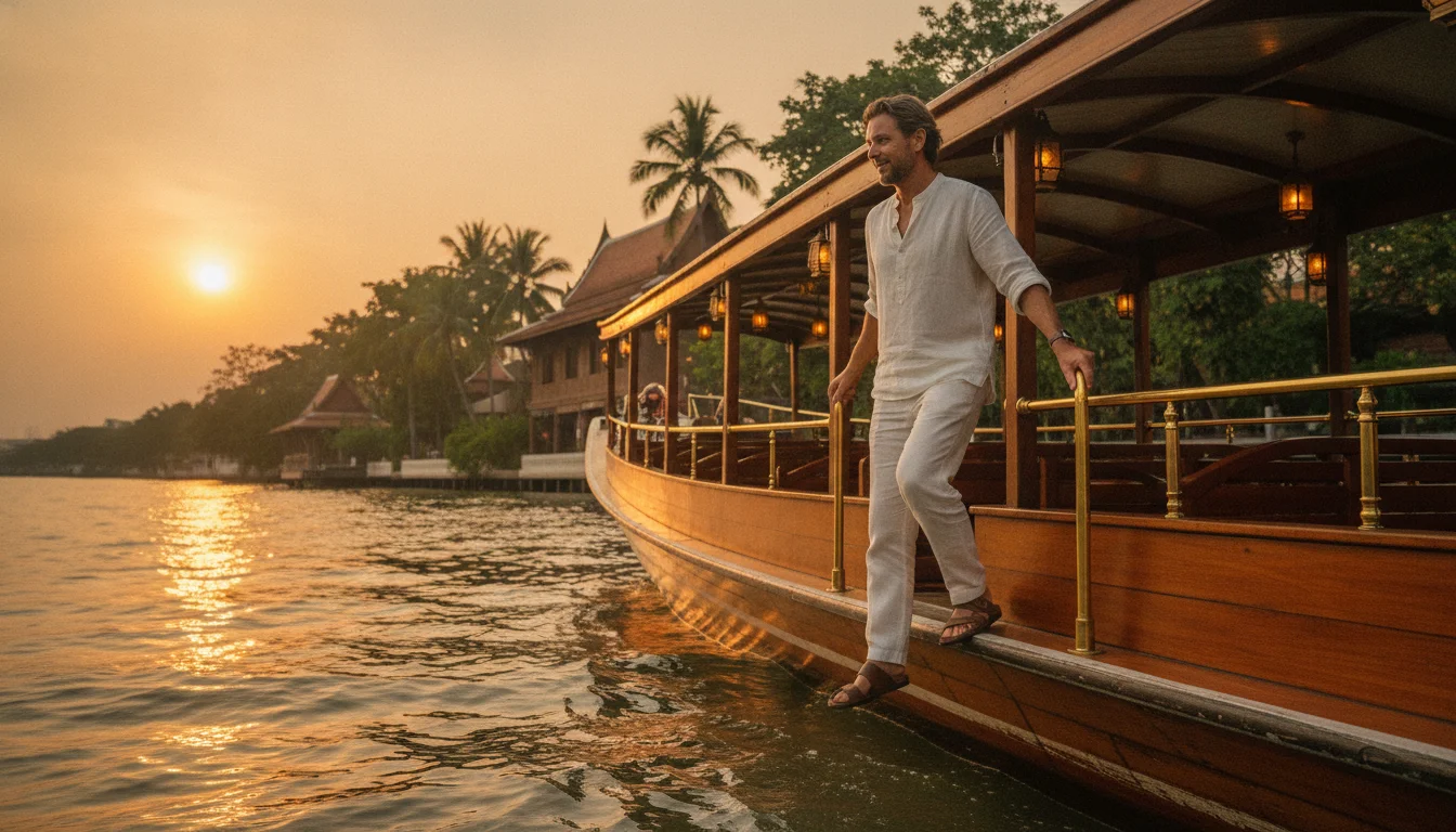atmospheric shot showing the best feature or experience at Mandarin Oriental Bangkok — showing a guest boarding the private antique teakwood shuttle boat to cross the Chao Phraya River towards the traditional Thai-style teakwood temple of the Oriental Spa