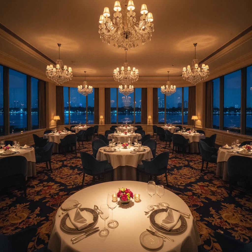 an interior or experiential shot showing the reality of Le Normandie by Alain Roux at Mandarin Oriental Bangkok — showing the elegant dining room with thick carpets, grand chandeliers, floor-to-ceiling windows overlooking the river at night, and tables set with crisp white linens and fine crystal glassware