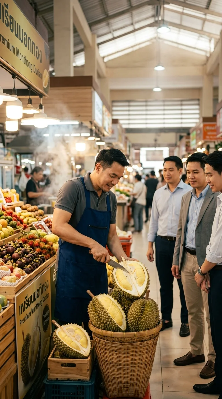 Thai market vendor carving durian Thai market vendor carving durian