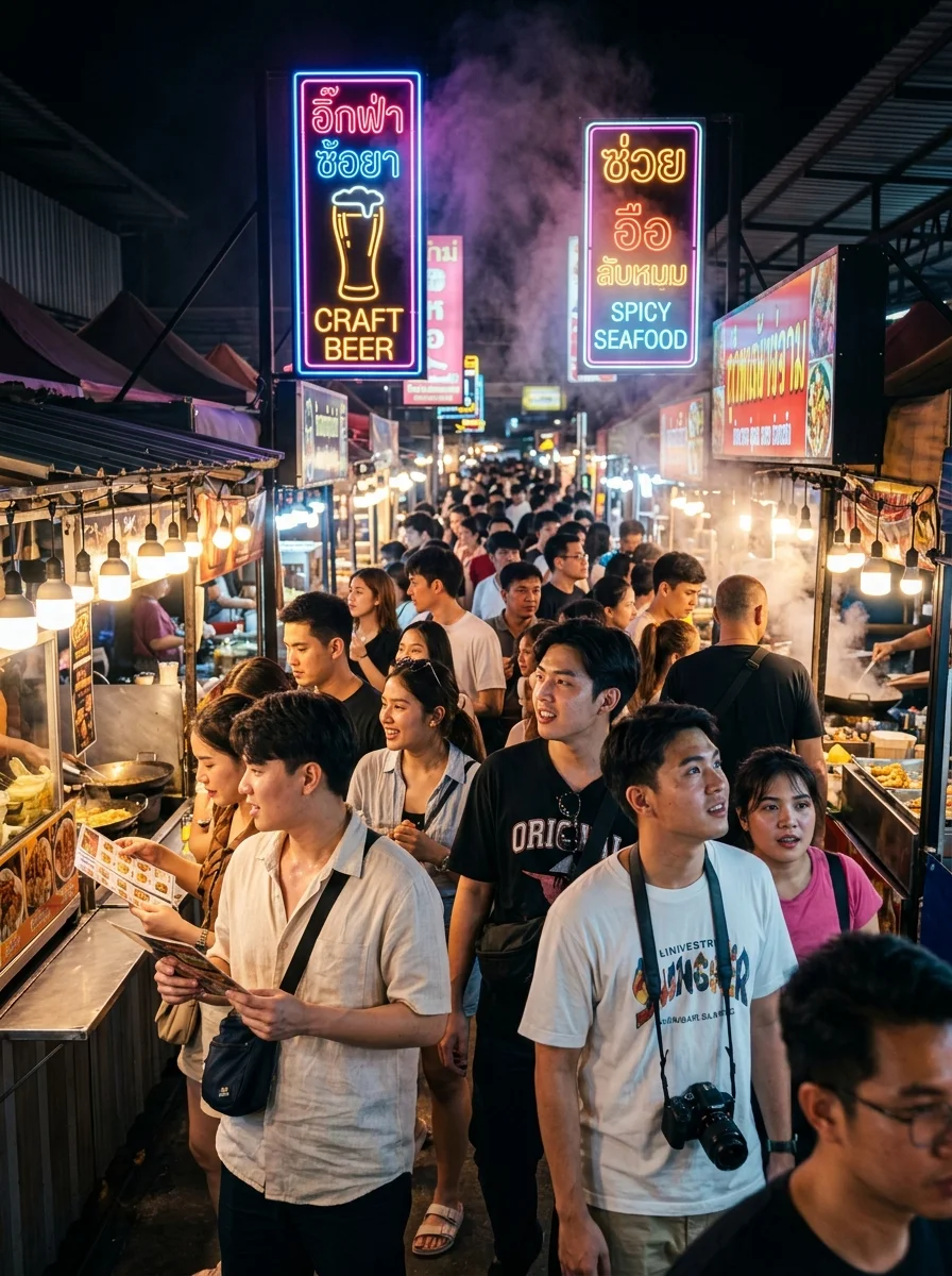 a dense crowd of young locals and international tourists a dense crowd of young locals and international tourists