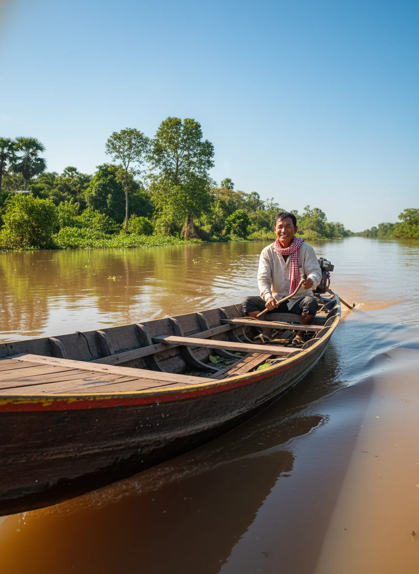 Traditional Cambodian wooden longtail boat Traditional Cambodian wooden longtail boat