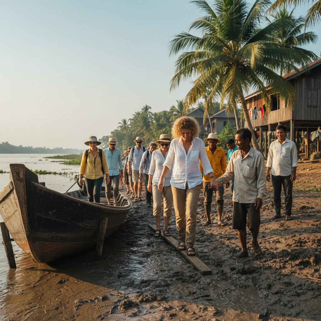 International travellers and Cambodian local guides International travellers and Cambodian local guides