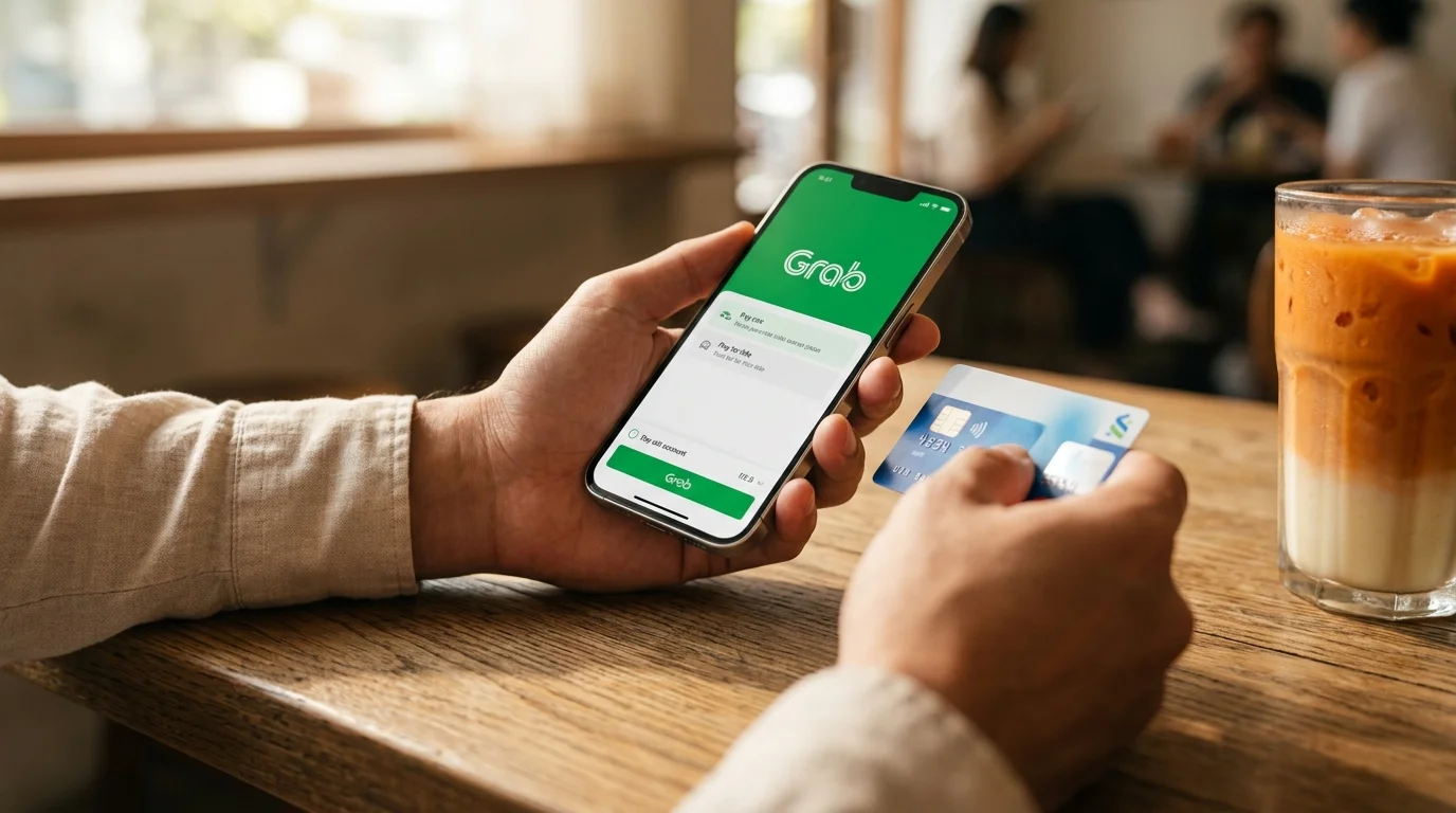 Hands holding a smartphone and a UK debit card Hands holding a smartphone and a UK debit card
