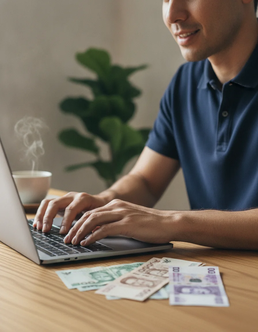 professional using a laptop with international currency professional using a laptop with international currency