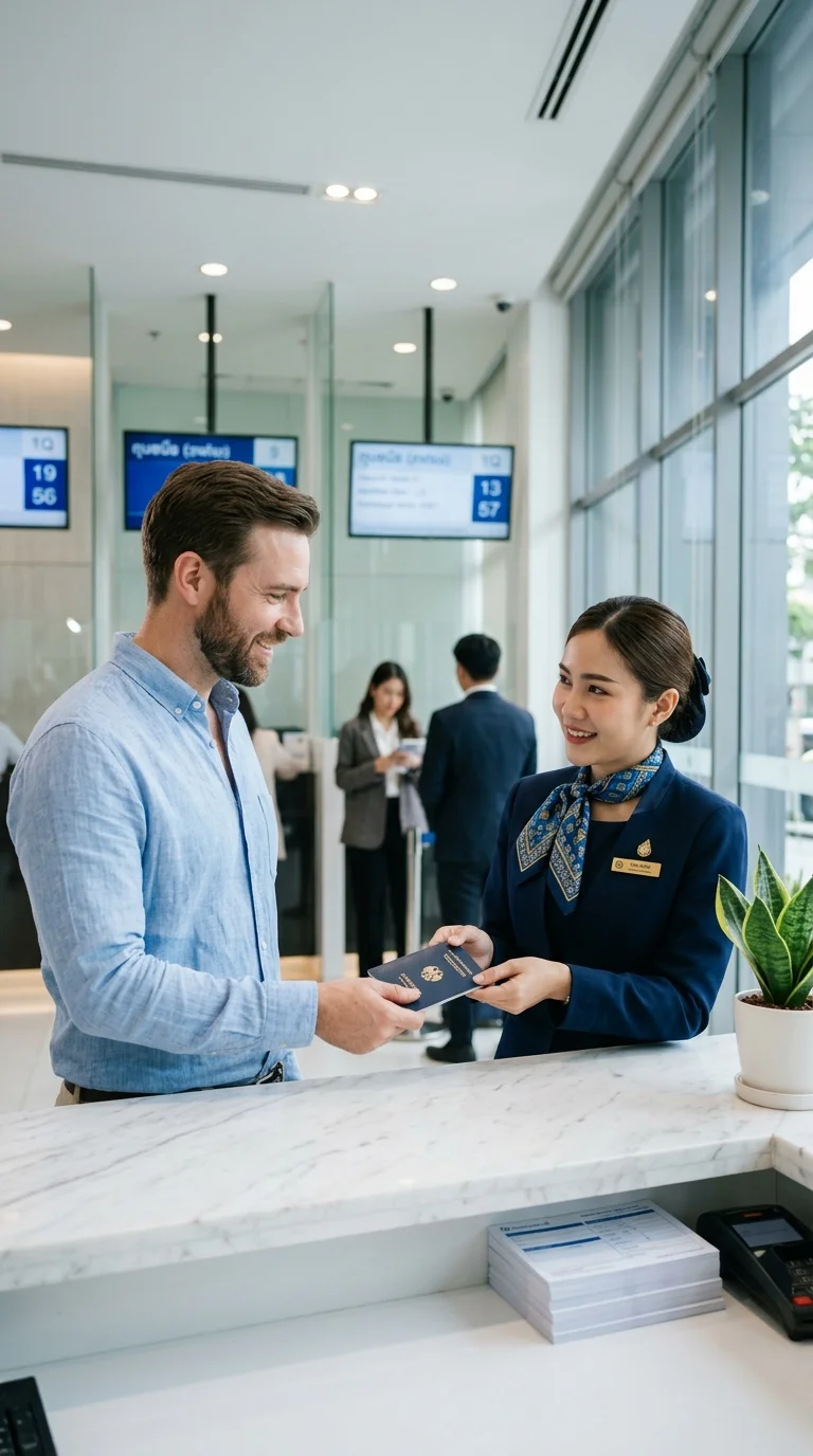 Expat customer and Thai bank teller Expat customer and Thai bank teller