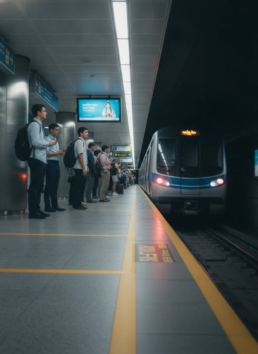 MRT Blue Line train and commuters