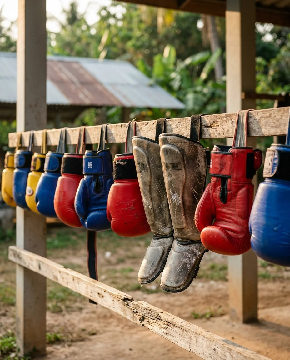 Muay Thai boxing gloves and shin guards Muay Thai boxing gloves and shin guards