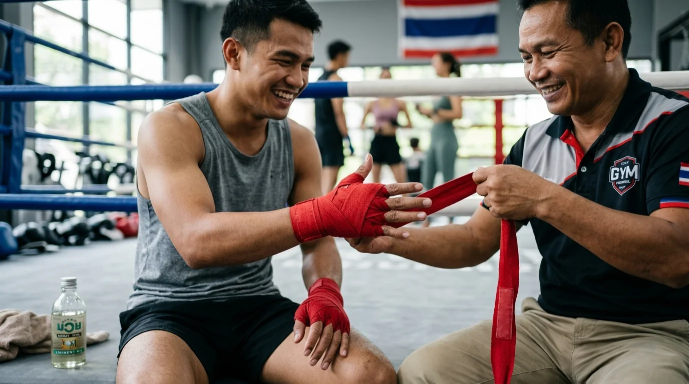 Fighter's hands being wrapped Fighter's hands being wrapped