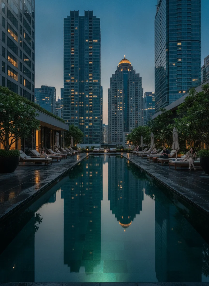 An atmospheric evening scene near Nahm — the softly illuminated outdoor pool of the COMO Metropolitan hotel, reflecting the warm lights of the surrounding high-rise buildings in the Sathon financial district