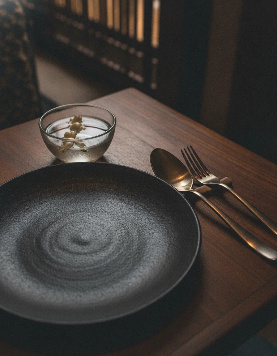 Detail shot of table setting at Nahm — showing a handcrafted dark ceramic plate, a polished bronze spoon and fork, and a small glass bowl containing fresh jasmine water for finger rinsing