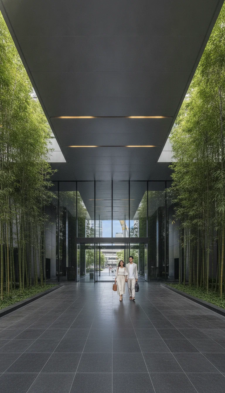 The exterior entrance approach of COMO Metropolitan Bangkok on South Sathon Road — showing the sleek, modern concrete canopy, minimalist landscaping with bamboo groves, and a private driveway leading to the glass front doors