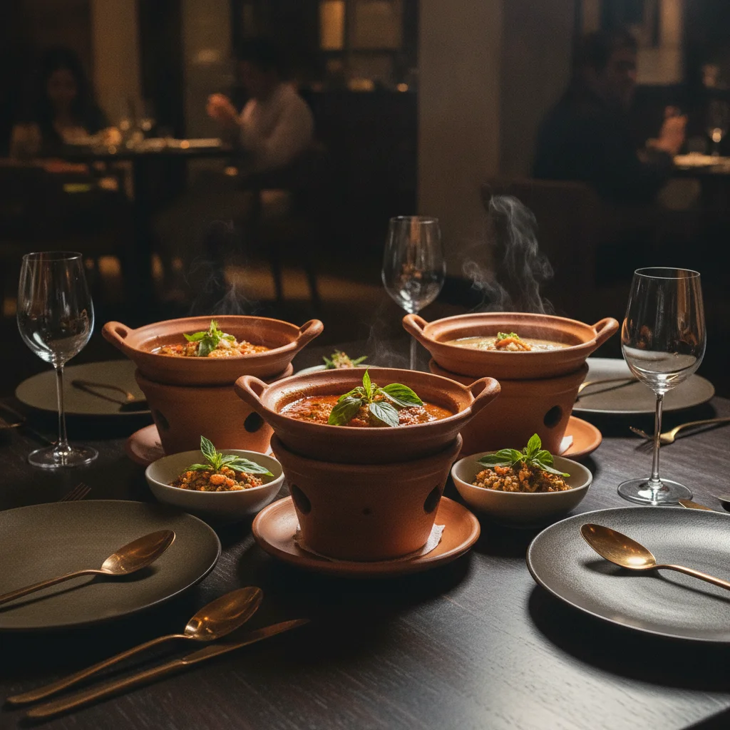 An experiential shot inside the dining room at Nahm — a table set with multiple shared clay pots of curries, soups, and relishes, surrounded by polished bronze cutlery and crystal wine glasses, reflecting the soft ambient spotlighting