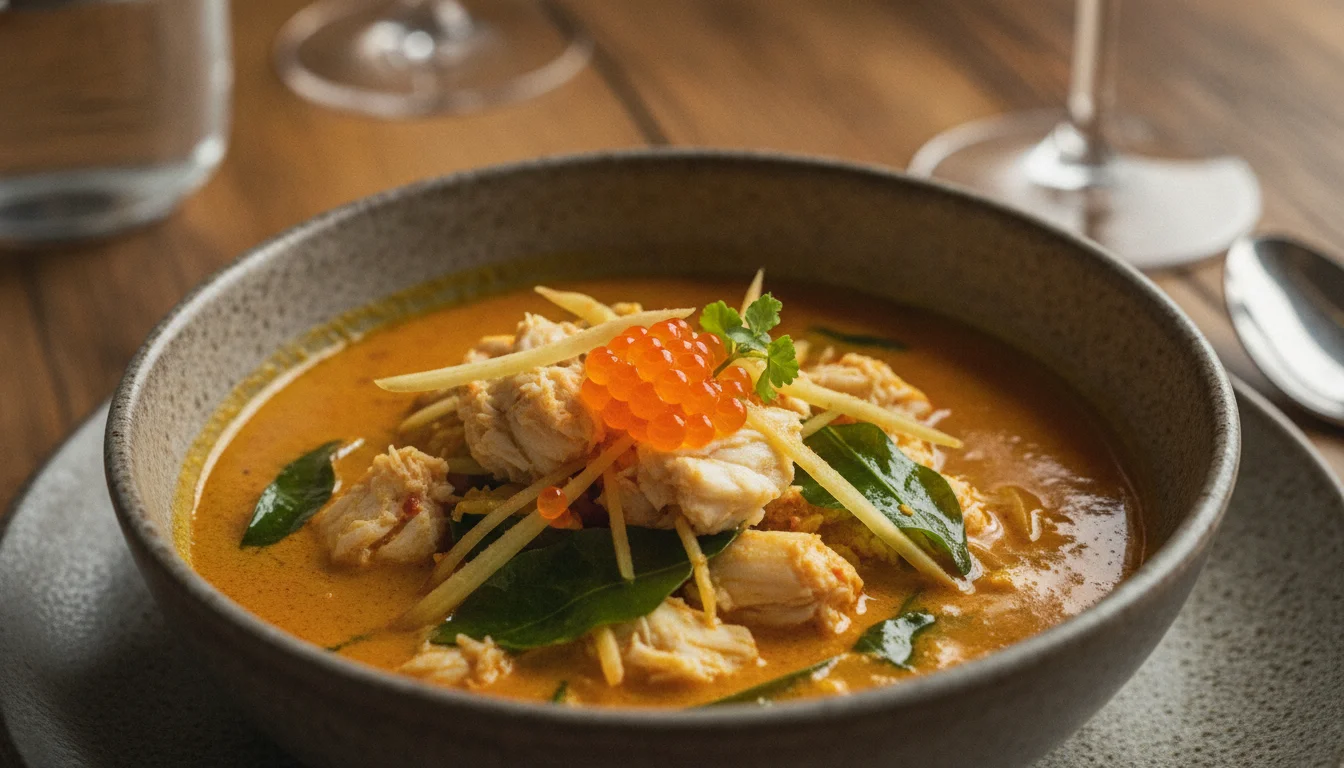 A close-up shot of a signature dish at Nahm — the blue swimmer crab curry with wild ginger and betel leaves served in a rustic textured ceramic bowl, garnished with delicate orange fish roe and fresh green herbs