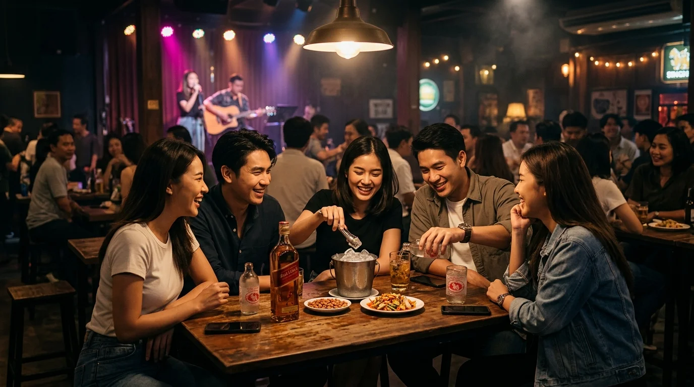 A group of local Thai friends at a high wooden bar table A group of local Thai friends at a high wooden bar table
