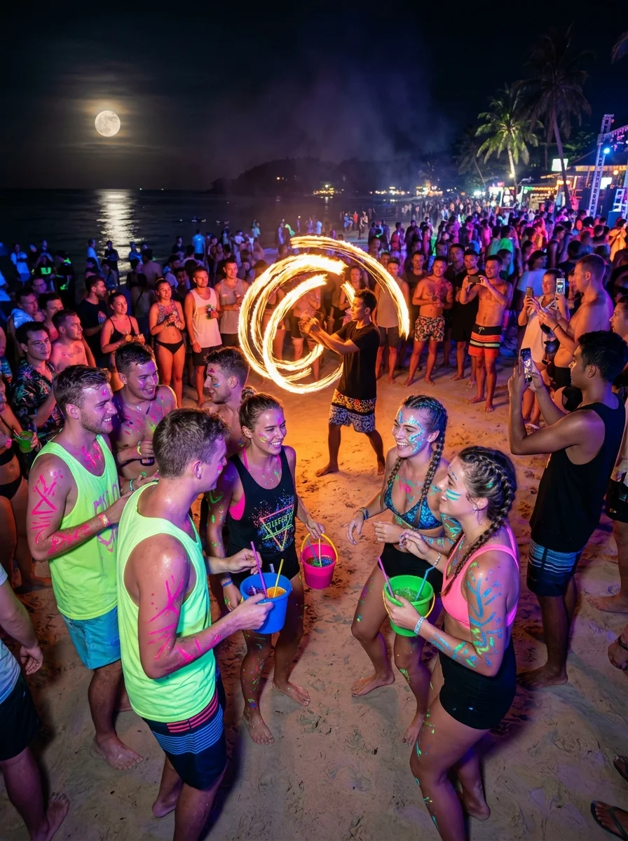 A dense crowd of international backpackers and fire performers A dense crowd of international backpackers and fire performers