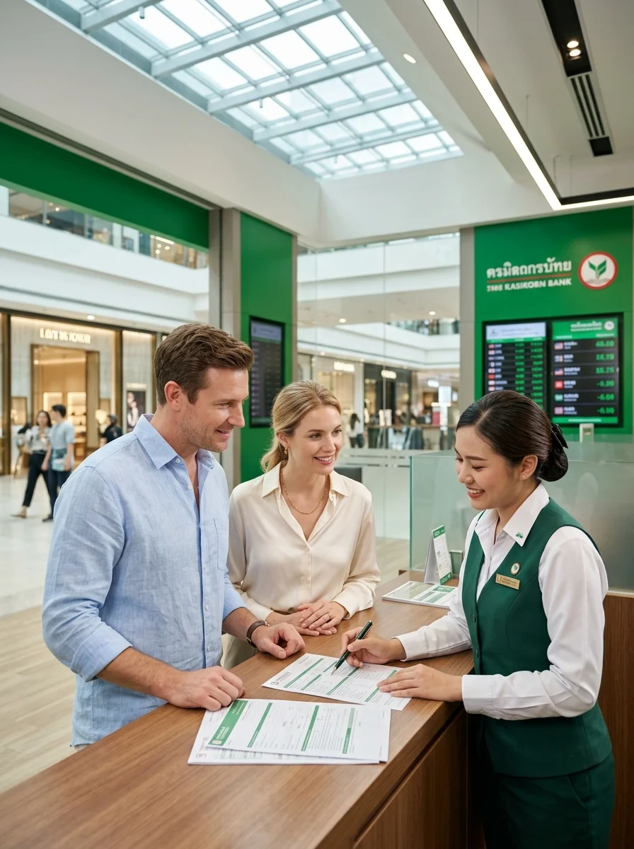 An expat couple and a Thai bank teller An expat couple and a Thai bank teller