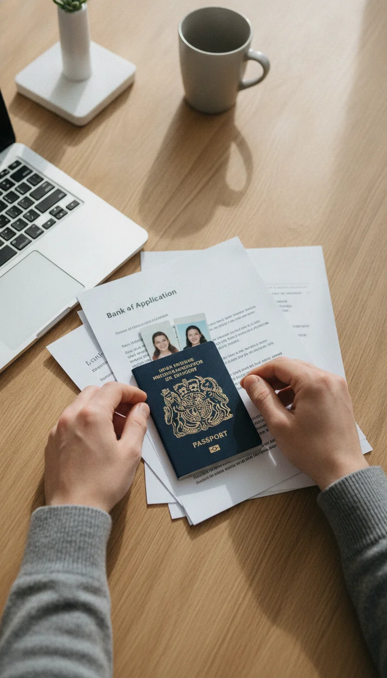 UK passport application documents and hands UK passport application documents and hands