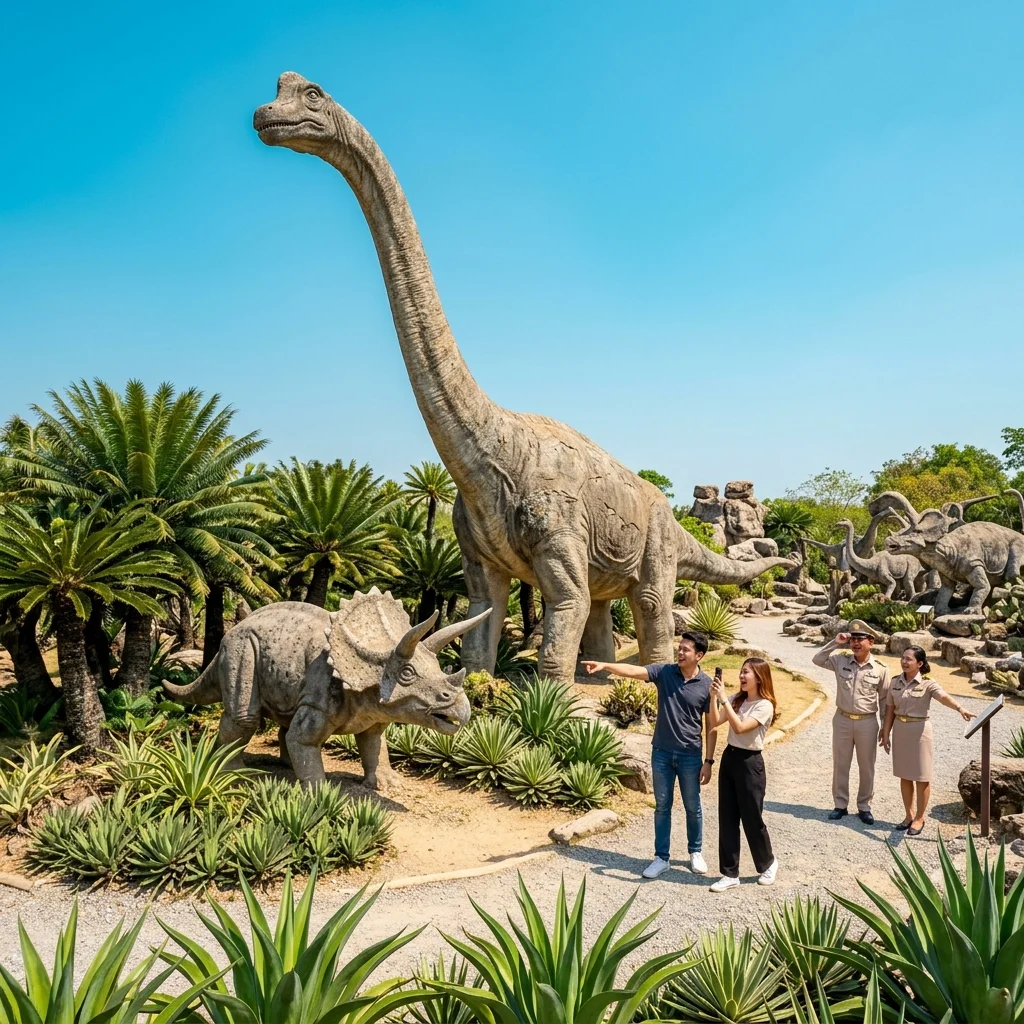 life-sized concrete dinosaur statues