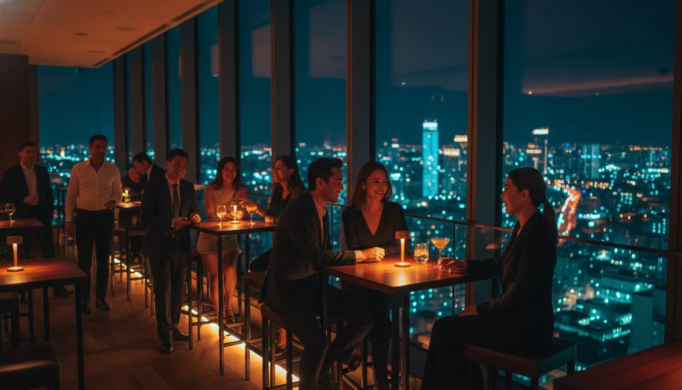 guests at a high-rise rooftop lounge guests at a high-rise rooftop lounge