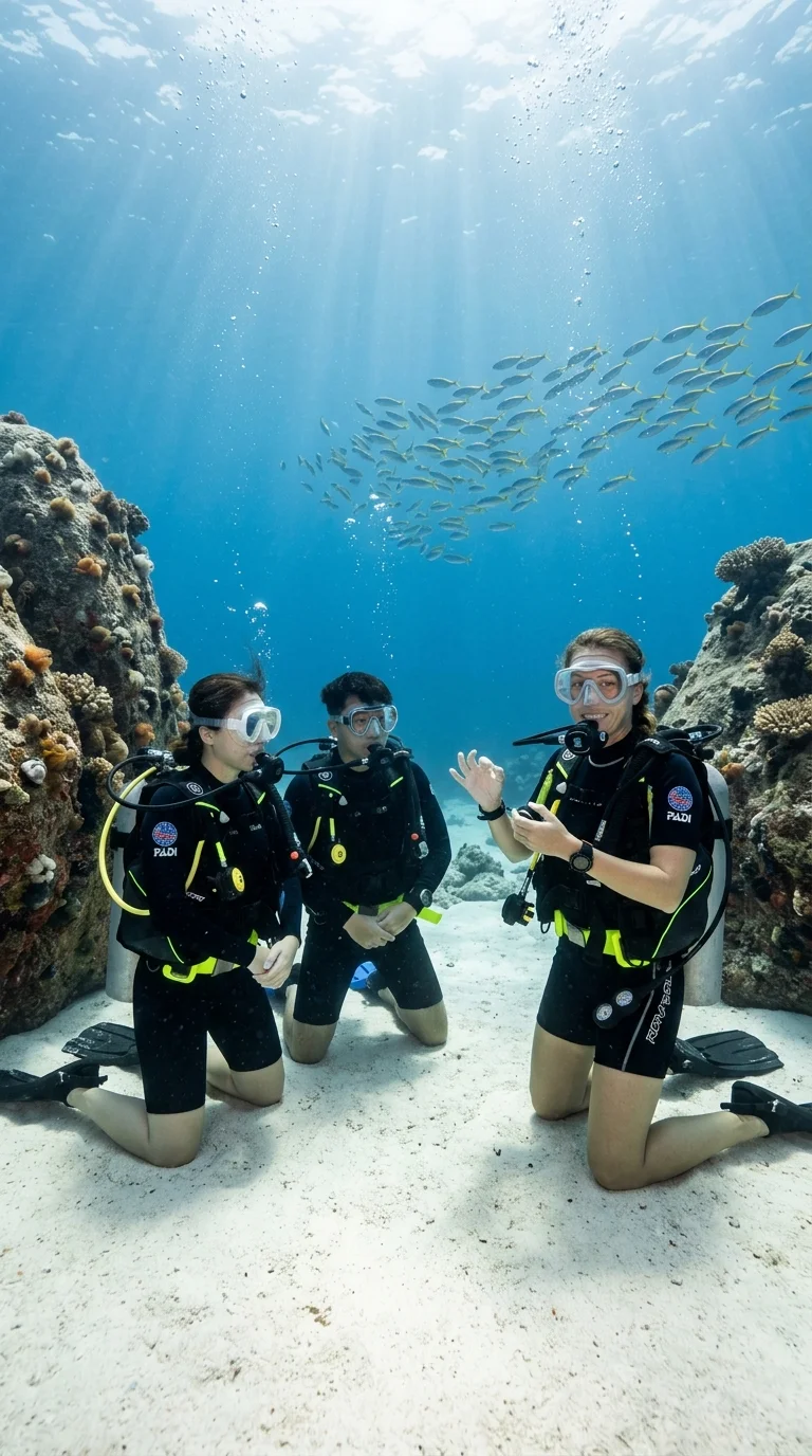 beginner scuba divers and instructor beginner scuba divers and instructor