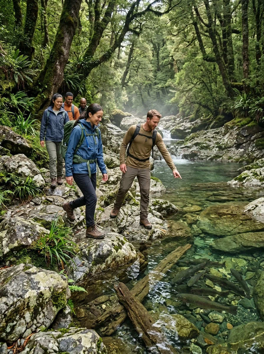 Hikers on a rocky river trail Hikers on a rocky river trail