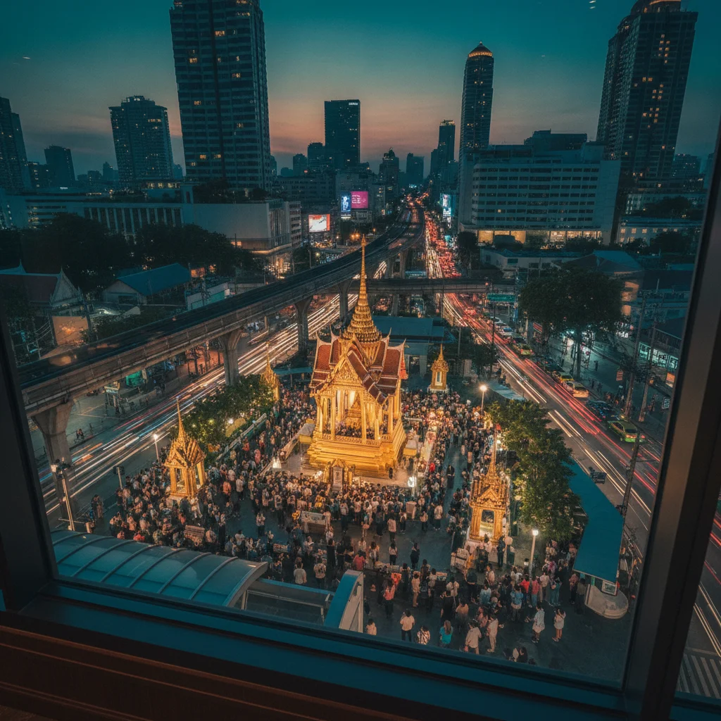 A view of the Ratchaprasong intersection from the window of Paste Bangkok at dusk — showing the traffic lights and the Erawan Shrine below