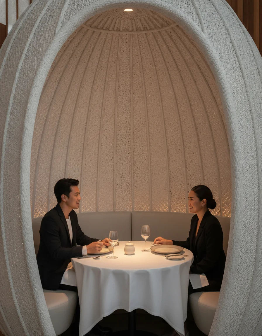 A detailed shot of the "Silk Cocoon" seating at Paste Bangkok — showing the texture of the white material and the table setup for two
