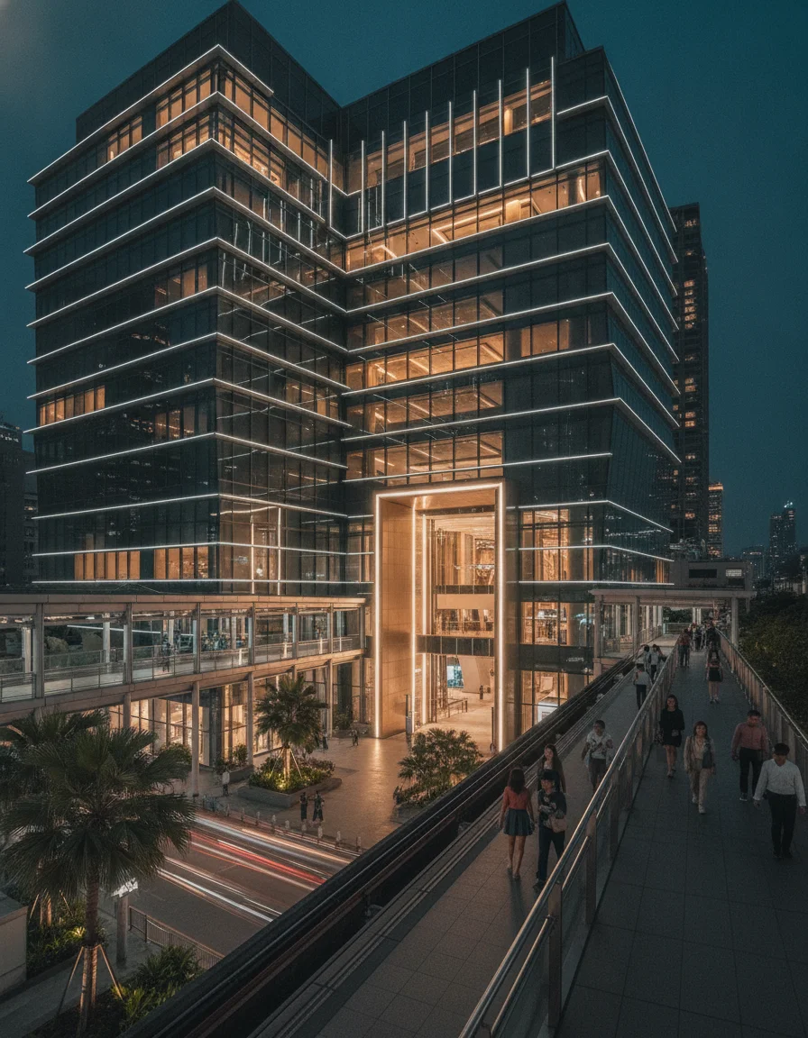 The exterior entrance of Gaysorn Centre at night in Bangkok — showing the modern glass facade and the walkway leading from the BTS Skytrain